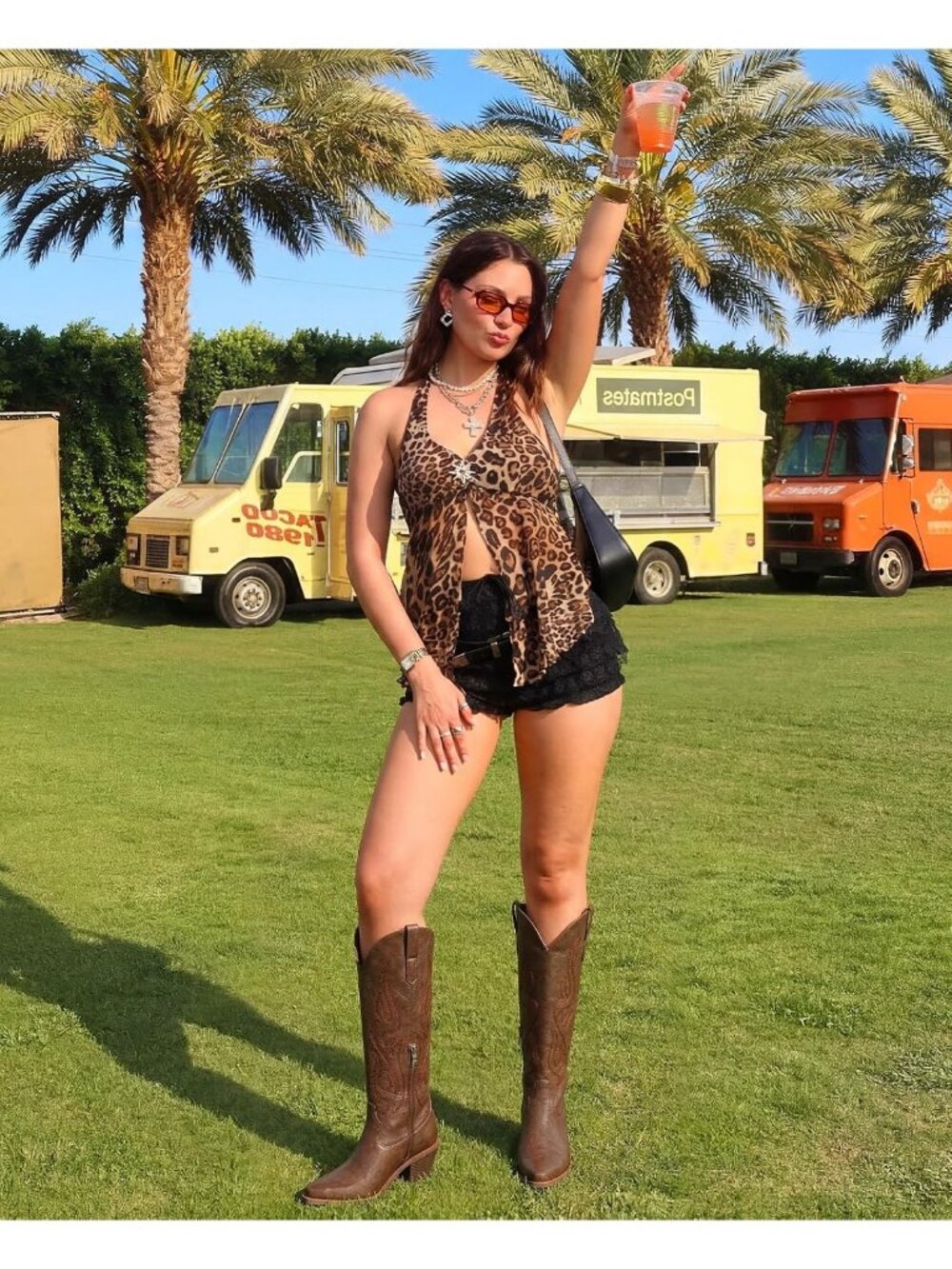 Women's Bronze Pointed Toe Chunky Knee High Wide Calf Western Cowgirl Tall Boot - Picture 3 of 5